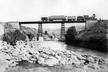 イギリス西インド諸島の橋を渡る列車、1880年頃